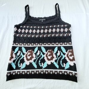 Women's Black with Teal Floral Sweater Cropped Camisole Top Scalloped Neckline